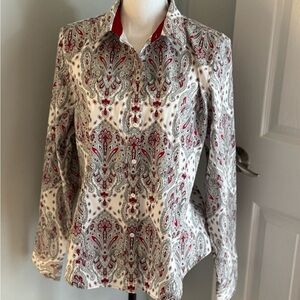 Talbots Non Iron Paisley Button Up Shirt Size 16 White/Rexd/Gray Long Sleeve